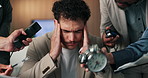Multi tasking, stress and businessman with phone call in office for finance project with deadline. Heavy workload, clock and male financial manager with colleagues for investment proposal with chaos.
