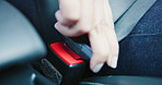 Hands, seat belt and woman in car for safety with travel, driving or protection of accident. Transport, road law and closeup of person with fastening harness for security in vehicle for journey.