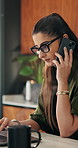 Laptop, remote work or woman with phone call for review, contract negotiation or story revision tips. Editorial feedback, tech or freelance author with publishing rights discussion, coffee or home