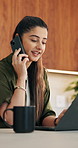 Laptop, remote work or woman with phone call for feedback, contract negotiation or story revision tips. Editorial review, freelance or author with tech for publishing rights discussion, smile or home