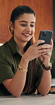 Smile, reading and woman with phone in home, email notification or message for digital communication. Happy, social network or person with mobile for online news app, media newsletter or web platform