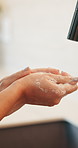 Health, washing hands or person in home with soap, bacteria removal or sanitation in wellness routine. Safety, sink or woman with disinfectant, germ protection or hygiene habit in virus prevention.