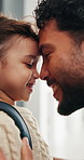Father, daughter and nose kiss in home with smile, bonding and getting ready for daycare in morning. Happy family, caring man and girl child with love connection, affection or preparation for creche.