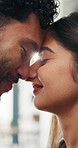 Care, home and happy couple with forehead touch for connection, safety and loyalty to partner. Man, woman and romantic moment in house for marriage commitment, love or trust with relationship