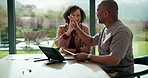 Document, tablet and people high five in home for contract, agreement or insurance advice. Success, happy and client with broker for discussion, proposal or help with benefits, policy or meeting deal