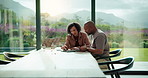 Paperwork, home and couple with tablet for budget, financial expenses and mortgage calculator. African man, mature woman and savings document, planning solution and happy for loan payment with tech