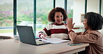 High five, mom and child on laptop with homework for online lesson, elearning and studying for test. Family, home and mother with girl on computer for success, answer and finish quiz for education