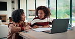 Help, mom and child on laptop with homework for online lesson, elearning and studying for test. Family, home and mother with girl on computer for virtual class, teaching and notebook for education