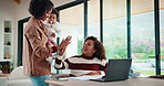 High five, help and mom with child on laptop for online lesson, elearning and assignment for homework. Family, home and mother with girl on computer for success, answer and studying for education