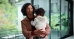 Mom, sway and bonding with baby in house, affection and patting daughter for comfort and connection. Serious, woman and soothing infant with rhythm, family and single parent with love for child