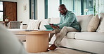 Tablet, remote work and man with document in home for account manager, client portfolio and research. Admin, feedback and tech with mature person in living room for planning or thinking in house