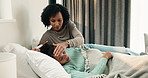 Sick, thermometer and mother with daughter in bedroom for fever monitor, healthcare and disease check. Medical, illness and virus infection with woman and child in family home for recovery and trust