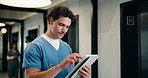 Tablet, man and nurse in hospital for research on medical diagnosis, telehealth or treatment plan. Digital technology, professional and male healthcare worker with app for feedback on clinical trial.