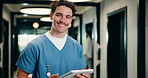 Tablet, man and face of nurse in hospital for research on medical diagnosis, telehealth or treatment plan. Digital technology, portrait and healthcare worker with app for feedback on clinical trial.