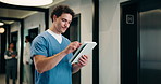 Tablet, man and nurse in hospital for research on medical diagnosis, telehealth or treatment plan. Digital technology, professional and male healthcare worker with app for feedback on clinical trial.