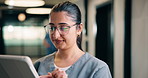 Tablet, woman and nurse in hospital for research on medical diagnosis, telehealth or treatment plan. Digital technology, professional and healthcare worker with app for feedback on clinical trial.