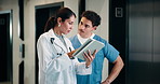 Medical, discussion or people in hospital with tablet, team insight or patient review for treatment plan. Healthcare, collaboration or doctors with tech, problem solving or feedback in post surgery.
