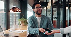 Business, phone and pos with man in coffee shop for hybrid work, payment or wireless transaction. App, contactless and nfc with remote worker in cafe or restaurant for bill, hospitality and service