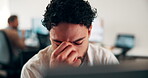Computer, headache and stress with man programmer in office for burnout or troubleshooting. Frustration, pc and programming with web developer in workplace for 404 error, mistake or network fail