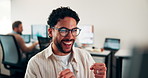Computer, fist pump and smile with man programmer in office for troubleshooting success. Celebration, pc and programming with excited web developer in workplace for coding achievement or target