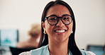 Laughing, face and businesswoman with glasses in office, public relations or happy for career growth. Pr manager, portrait and mature person with smile, confident and creative opportunity in business