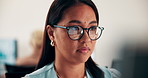 Reading, business and woman with computer in office, investment proposal or market research for plan. Review, risk assessment or investor with pc in for earning potential report, serious or finance