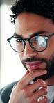 Happy, online and businessman with glasses in office, marketing manager or performance review on web. Eyewear, reflection and person with tech for ad results, graphs and campaign info on social media