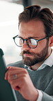 Tablet, business and man in office for financial review, stock market analysis or risk management. Tech, graphs and analyst with metrics in company for trading, investment evaluation or scroll data