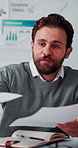 Meeting, paperwork and businessman with discussion in office, budget planning and annual forecasting. Talking, staff and advisor with revenue projection for brainstorming, asset review and proposal