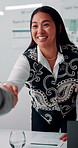 Meeting, handshake or businesswoman with client in office, investment contract or b2b partnership. Deal negotiation, thank you or employees shaking hands for agreement, smile or venture collaboration