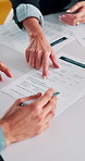 Recruitment, hands and people with signature for contract, employment agreement and hiring process. Pointing, hr manager or candidate with onboarding document for job offer, office or form assistance
