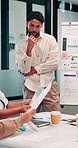 Man, meeting and documents with thinking in office, data analysis or ideas for investment strategy. Team leader, graph paperwork or ROI info for funding proposal, pitch and vision at finance agency