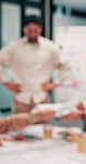 Blurry, presentation and business people with documents in office for meeting on revenue growth. Discussion, paperwork and financial advisors with investment proposal in collaboration at workplace.