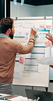 Man, team and writing on whiteboard for planning, investment strategy and discussion with graphs. ROI info, data analysis and woman with male person for funding pitch, conversation and paperwork  