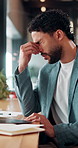 Tired, businessman and headache in office with laptop, burnout or stress for marketing campaign error. Person, fatigue and typing in workplace with computer, migraine and advertising project mistake.