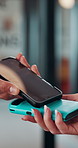 People, hands or payment with phone screen in restaurant, cashless system or nfc for easy transaction. Digital card, customer or waitress with pos machine for electronic money transfer, mobile or tap