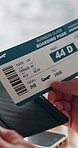 Book, hands or person with ticket at airport, check boarding pass or terminal gate for travel planning. Departure time, journey info or tourist with airline details for flight, holiday or immigration