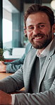 Face, laptop and happy businessman in workplace for finance, insurance career and coworking. Portrait, smile and person with computer in company with confidence, underwriting and risk management
