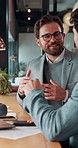 Business, people and meeting in cafe with remote work, discussion and planning for insurance agency. Hybrid job, men and talk in restaurant with collaboration, proposal and advice for policy cover.