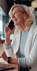 Phone call, laptop and businesswoman in office with communication, deal or finance negotiation. Computer, cellphone and mature female financial manager on mobile discussion for investment feedback.