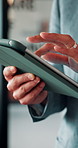 Tablet, hand and business person scroll online for investment update, profit and growth of wealth. Man, investor or technology for trading website, social network and app or finance platform