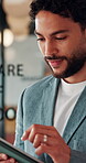 Thinking, smile or man in cafe with tablet, positive feedback or budget insight for funding pitch. Remote work, happy or finance advisor with reflection, growth idea or good news in investment update