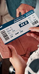Passport, hands or people with ticket at airport, boarding pass or terminal gate for travel planning. Departure time, journey info or couple with airline details for flight, holiday or honeymoon trip