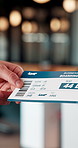 Hands, airport and people with ticket for travel, check in and international journey for immigration. Handover, airline and giving boarding pass for flight, business trip and exchange with bokeh
