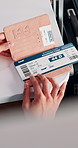 Passport, reading or hands with ticket at airport, check boarding pass or terminal gate for travel. Departure time, journey info or person with flight details review, business trip or global seminar