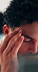 Creative, laptop and businessman with headache in office, online and copywriting on web with burnout. Serious, copywriter and person with migraine, deadline pressure and email marketing with tech