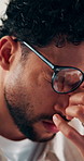 Man, stress and headache with glasses for eye strain, overworked or deadline at creative agency. Graphic designer, pressure or tired person with vision, reflection and problem solving for project