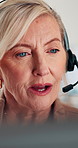 Call center, talking and businesswoman with headset in office for crm, help desk or online consultation. Contact, mic and mature technical support agent with omnichannel system for customer service.