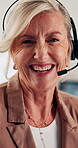 Face, woman and headset in call center for communication, customer service or contact us. Portrait, professional or mature consultant with smile for online assistance, CRM or friendly support