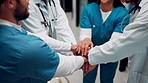 Medical, team and stack hands in hospital for support, celebration and applause for success. Healthcare, group and people together for connection with clinic mission, nurses and doctors clap for goal